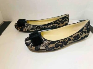 Isaac Mizrahi Live Tan Satin & Black Lace Velvet Bow Ballet Flat Shoes 6.5M - Picture 1 of 6