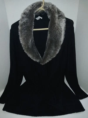 Cárdigan tejido negro insecto de moda vintage - cuello de piel sintética - frente abierto a presión Y2K Foto 1 de 4