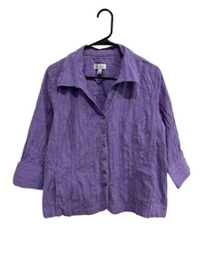 Denim & Co. Textured Button Front Shirt Purple Sz Large 3/4 Sleeve Office Wear - Picture 1 of 10