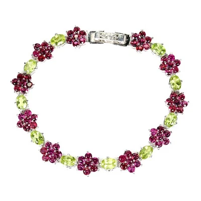 925 Sterling Silver Bracelet Oval Peridot 6x4mm Rhodolite Gemstone Jewelry 7 Ins - Image 1 of 4
