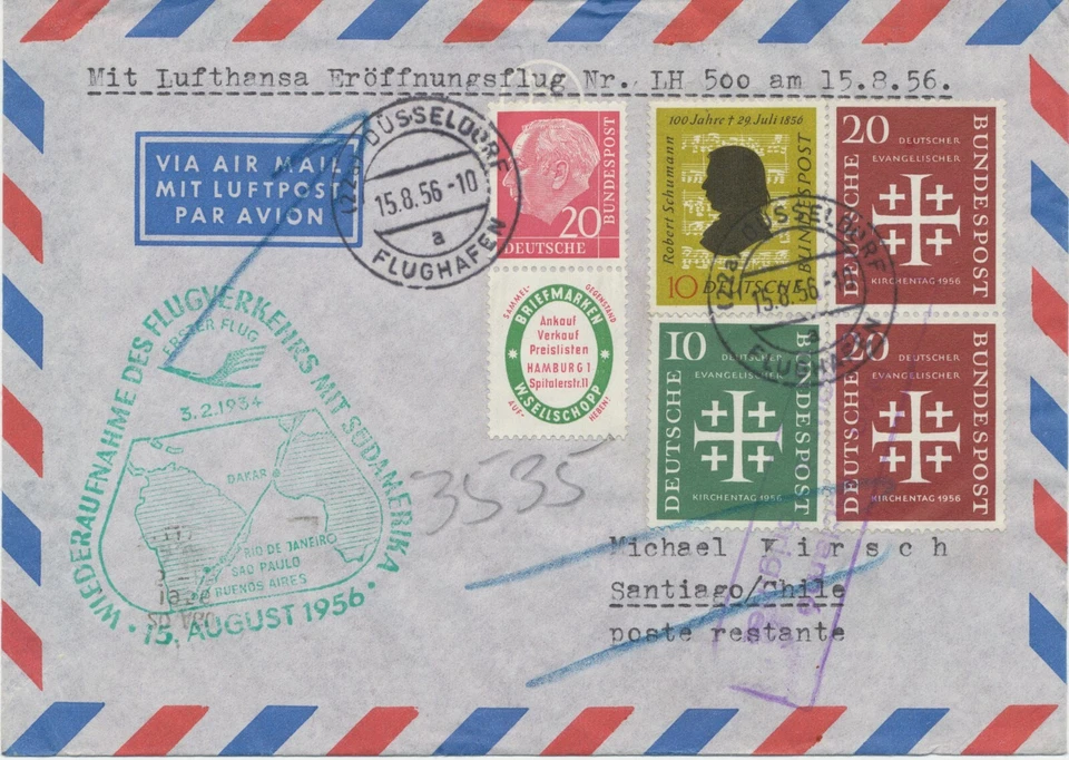 BRD 1956 Eröffnung Flugdienst n Südamerika DÜSSELDORF – BUENOS AIRES - SANTIAGO - Bild 1 von 3