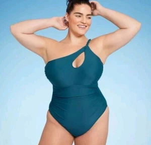 Shade & Shore Women's One Shoulder Twist Cut-out One Piece Swimsuit Blue 14 - Picture 1 of 18