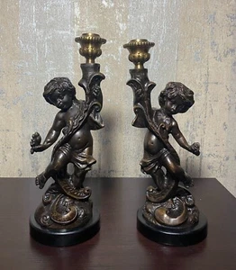 Antike massive Bronze Französische Putti Skulpturen Kerzenständer - Bild 1 von 12