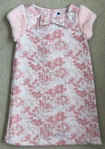 JANIE AND JACK size 7 Pink Brocade Dress w, Faux Fur Cap Sleeves - Picture 1 of 6