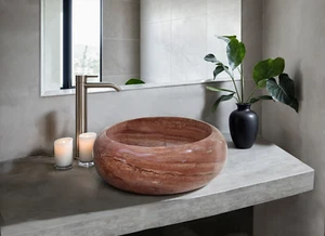 Fregadero redondo de mármol rojo de 16 pulgadas - Fregadero de baño de piedra natural hecho a mano - Imagen 1 de 4
