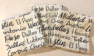 3 COTTON DISH / HAND TOWELS , TEXAS CITIES GRAPHIC WORD DESIGN, DEBBIE MARTIN - Picture 1 of 6