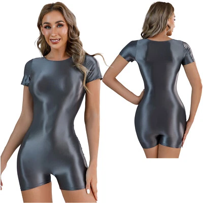 Womens Bodysuit Shiny Glossy One-Piece Workout Sport Leotard Stretchy Swimwears - Image 1 of 4