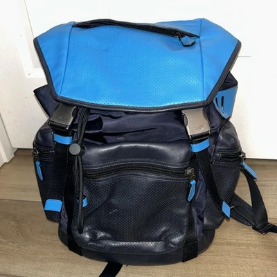 COACH Terrain Trek Leather Backpack Perforated Blue & Black Luxury Travel F57477 - Image 1 of 4