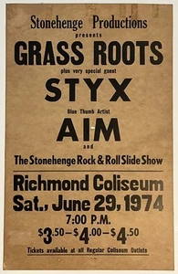 Grass Roots STYX Aim 1974 Original Boxing Style Concert Poster Richmond VA - Picture 1 of 7