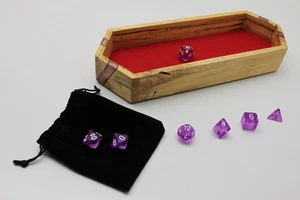 Handmade Spalted Maple Crystal Shaped Dice Tray with Purple Dice Set - Picture 1 of 12
