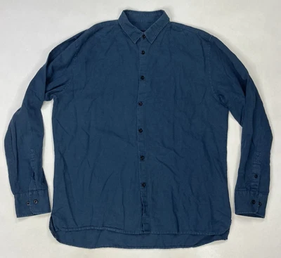 Zanerobe Linen Blend Button Up Shirt Men Slim Fit Large Navy Blue Long Sleeve - Image 1 of 4