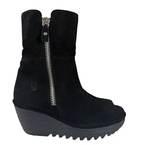 Fly London Yex Suede Wedge Boots Black US8 EU39 Ankle Zip Platform Comfort Shoes - Bild 1 von 13
