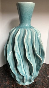 16” Merope Medium Handmade Folk Art Vase Teal Blue Mist Color Crackle Style - Picture 1 of 6