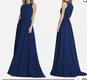 Mac Duggal Ieena Size 10 Embellished High Neck Pleated Gown Blue NWT - Picture 1 of 4
