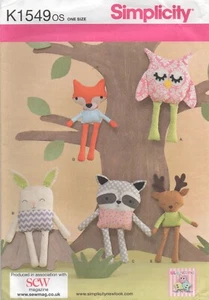 Simplicity Sewing Pattern 1549 Stuffed Soft Toy Fox Owl Deer Rabbit Racoon NEW - Picture 1 of 13