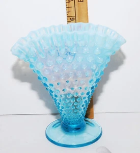 Fenton Blue/Teal Opalescent Hobnail Fan Vase Art Glass - Picture 1 of 4