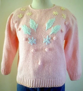 De Colección Años 80 JJ Fargo Suéter Talla L Busto 41 Tejido a Mano Floral Primavera Retro Rosa - Imagen 1 de 4