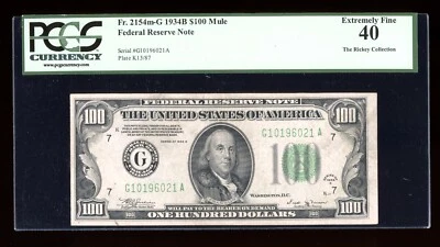 DBR 1934-B $100 FRN Vinson Mule Chicago Fr. 2154m-G PCGS XF-40 Serial G10196021A - Image 1 of 2