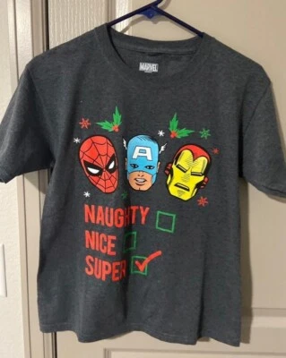 Marvel Boys Christmas Shirt  Superhero Spiderman Captain America Iron Man Large - Image 1 of 2