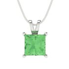 2.50 ct Princess Cut CZ Green Pendant Necklace 16" chain Real 14k White Gold