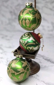 Vintage Glass Christmas Tree Ornaments Balls Glittered Floral Lot of 3 - Picture 1 of 14