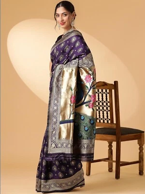 Sari tejido con pieza blusa mezcla seda Paithani para mujer Foto 1 de 4