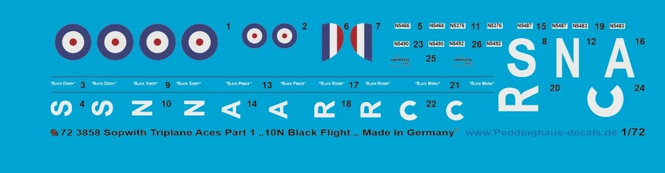 Peddinghaus-Decals 1:72 3858 Sopwith Triplano Aces Parte 1 "10N Nero Flight"-Bla - Immagine 1 di 1