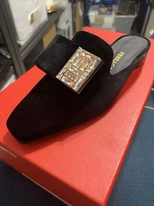 Salvatore Ferragamo Black Leat Double bow W Crystal Suede mules slide flats 6.5C - Picture 1 of 9