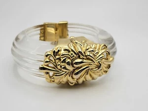 VINTAGE INNA CYTRINE PARIS CLEAR LUCITE GOLD TONE HINGED BANGLE BRACELET - Picture 1 of 12