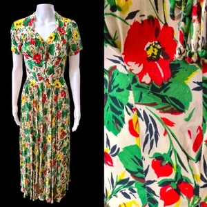 Vtg 30s 40s Dress XS/S Long Evening Yellow Red Floral Poppy Crepe Short Sleeve - Picture 1 of 13