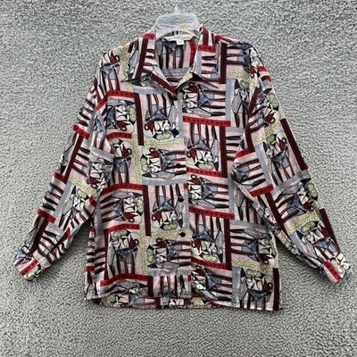Camisa De Colección Picasso Mujer Mediana Roja Geo Abstracta Arte Seda Blusa Foto 1 de 4