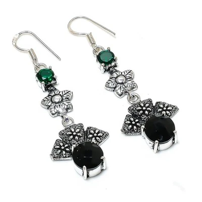 Orecchini In Argento Sterling 925 Con Gemme Di Spinello Nero E Diopside 2.48" - Immagine 1 di 4