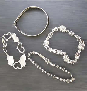 Lot Of 4 Silver Tone Rhinestone Link Chain Bracelets Hearts Polished - Picture 1 of 10