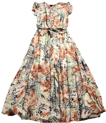 Vestido Midi Feminino Kate & Lily Floral 10 Bronzeado Taupe Cinto Boho Cottagecore Festa - Imagem 1 de 4