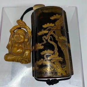 Inro Antik Edo Makie Landschaft Baum Netsuke Holz geschnitzt Werkzeugkiste - Bild 1 von 20