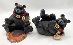 Set Of 2 Ganz Playful Resin Black Bears With Scarfs Tealight Candle Holders - Picture 1 of 12