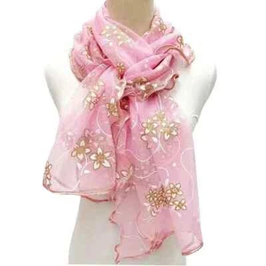 Ruffles Flower Embroidery Scarf Elegant Solid Color Breathable Pink Women Gift - Picture 1 of 3