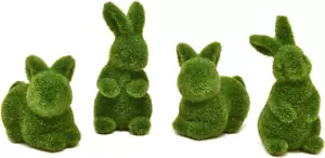 4 Green Fuzzy Flocked Bunny Easter Holiday Spring Decor Rabbit Figurines Garden - Picture 1 of 12