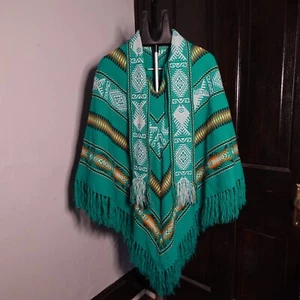 Vintage Festival Gear Southwestern Boho Poncho Turquoise Aztec Fish - Picture 1 of 6