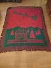 Christmas afghan green red cotton Santa, sleigh, house fringed cotton 60" x 48"