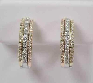 Aretes tipo argolla redondos de tres tonos de diamantes creados en laboratorio de 2,00 quilates enchapados en oro amarillo de 14 k - Imagen 1 de 5