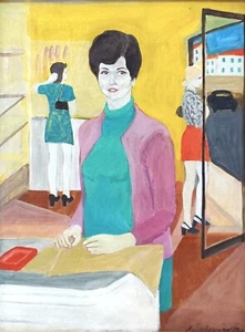 1972 LISTED ALEX TSCHERNJAWSKI SIGNED ORIGINAL GOUACHE FEMALE STORE CLERK FRAMED - Picture 1 of 9