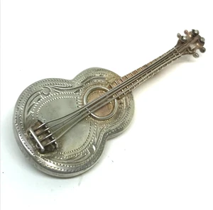 Vintage Sterling Silver Guitar Brooch Pin 2" x 1" .925 Weight 7g - Picture 1 of 11