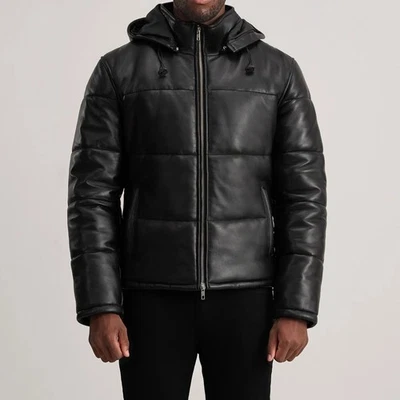 Men’s Moto Style Genuine Hooded Leather Puffer Jacket - Black, Tan & Green - Image 1 of 4