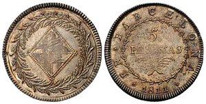 SPAIN. Barcelona. Joseph (Jose) Napolean. 1811 AR 5 Pesetas. NGC MS64. KM 69 - Picture 1 of 1