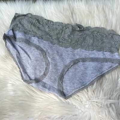 Aerie Light Gray Waffle Knit and Dark Gray Floral Lace Boybrief Panties - Image 1 of 4