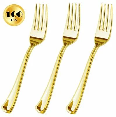 JL PRIME 100 Piece Gold Plastic Forks - Reusable & Recyclable - Elegant Utensils