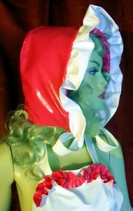 Lackhaube Lackmütze Bindebänder Rüschen rot Adultbaby Zofenhaube Lack Vinylhood  - Picture 1 of 6
