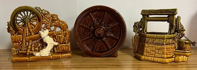 McCoy Wheel w/ Cat & Dog + Wishing Well Planter & Frankoma Wagon Wheel Vase - Image 1 of 4