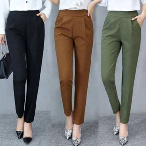 Women High Waisted Cigarette Long Pants OL Office Work Casual Tapered Trousers - Picture 1 of 15